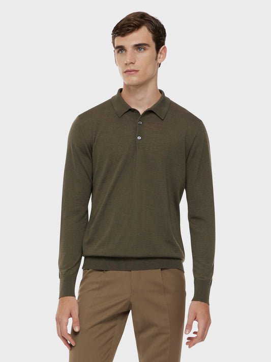 Caruso Menswear Abbigliamento Uomo Polo a maniche lunghe in lana, seta e cashmere verde indossato front