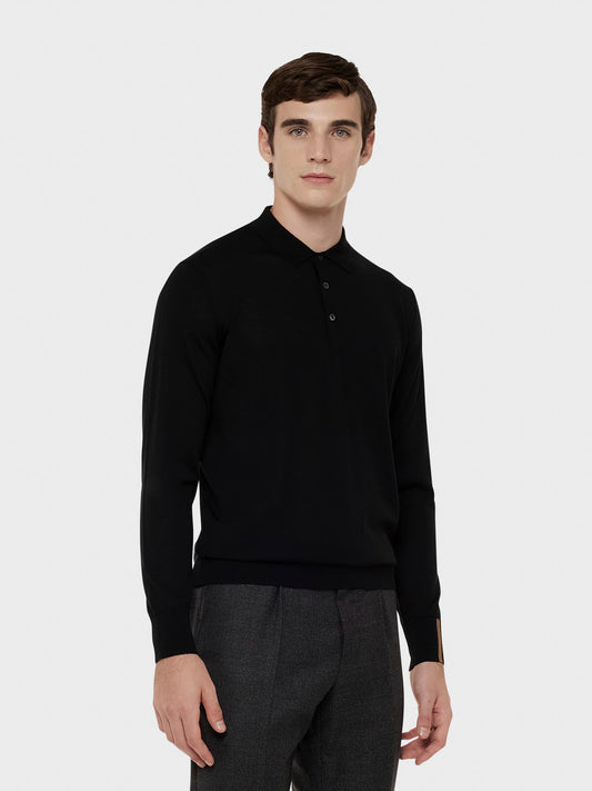 Caruso Menswear Abbigliamento Uomo Polo a maniche lunghe in lana, seta e cashmere nera indossato front