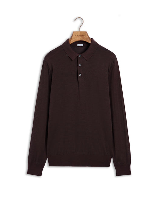 Long-sleeve polo in burgundy wool, silk and cashmere