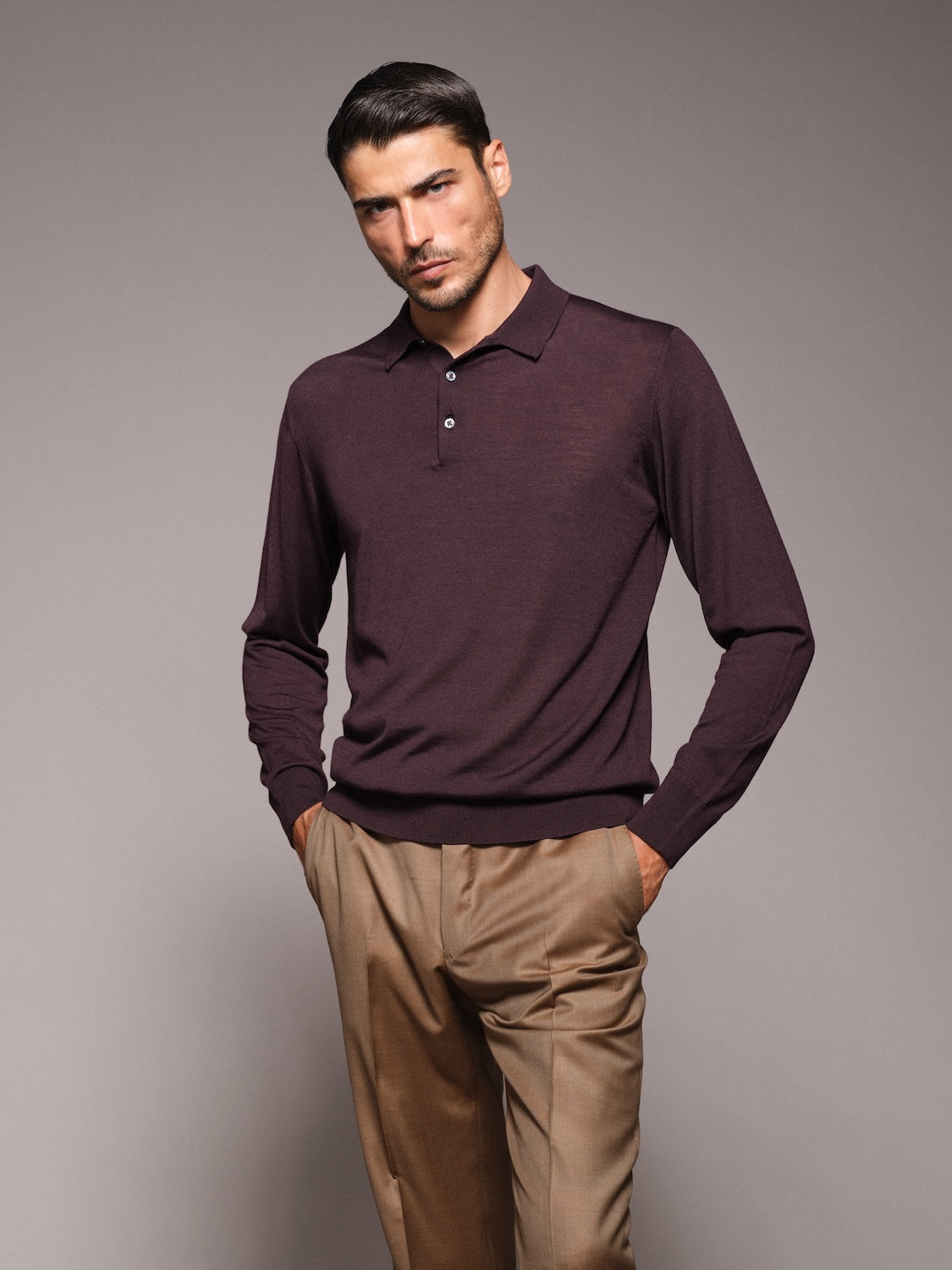 Polo a maniche lunghe in lana, seta e cashmere bordeaux