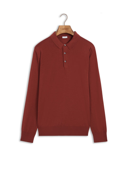 Long-sleeve polo in red wool, silk and cashmere