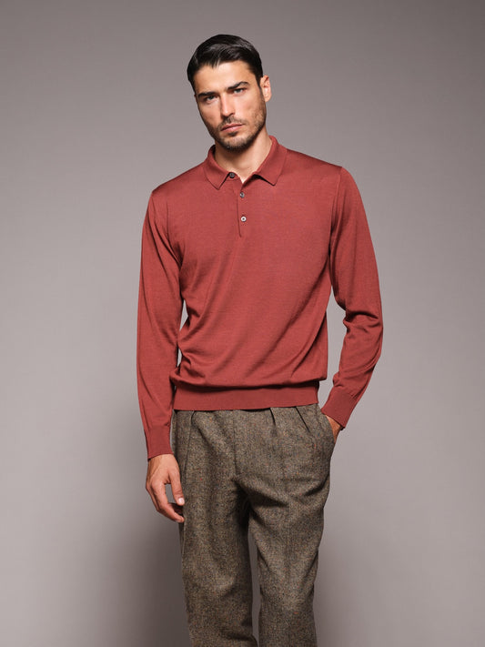 Polo a maniche lunghe in lana, seta e cashmere rossa