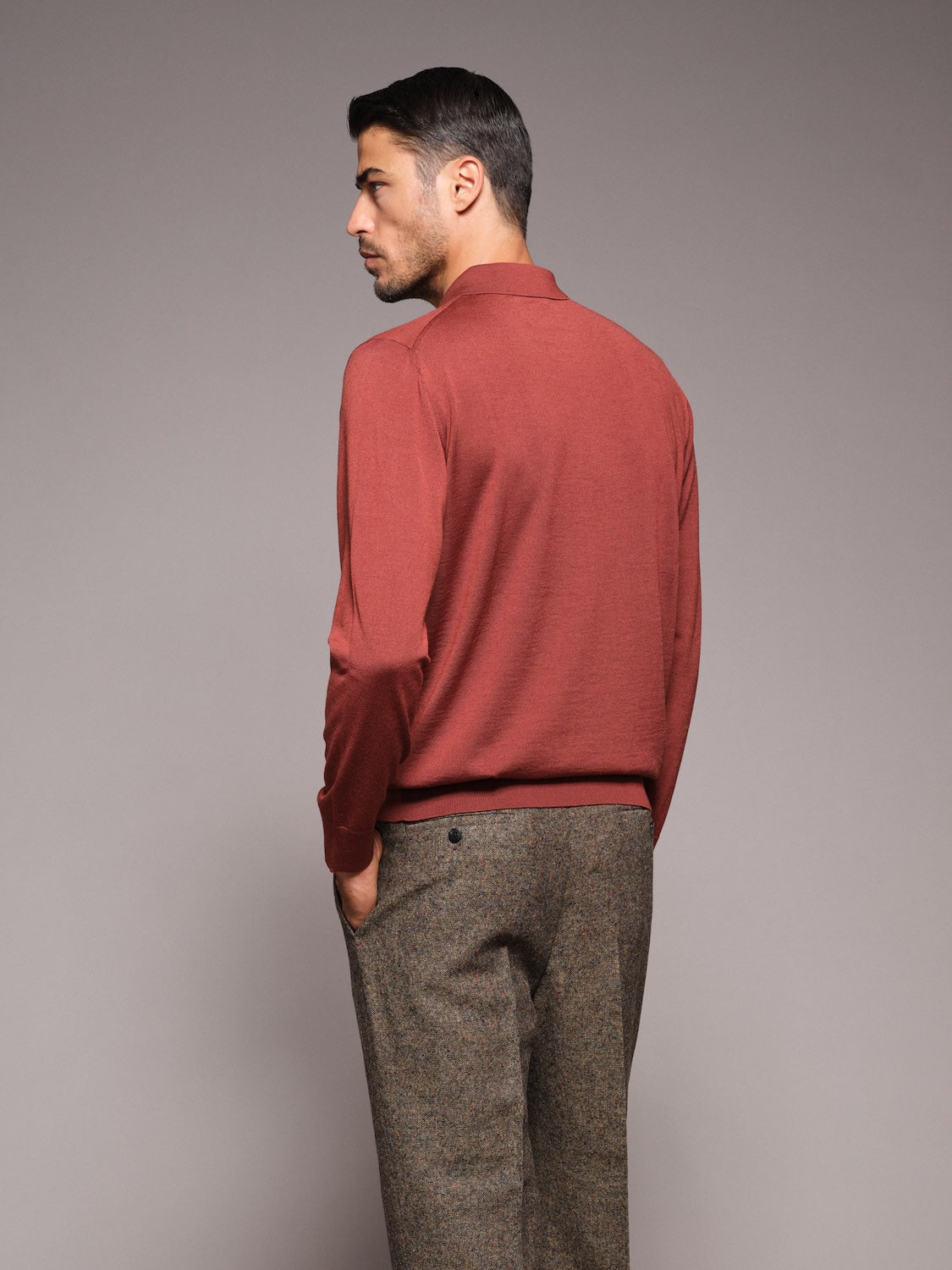 Polo a maniche lunghe in lana, seta e cashmere rossa