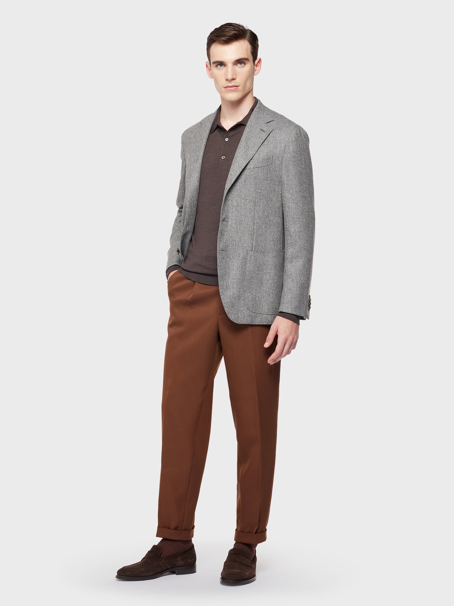 Brown long-sleeved polo shirt in wool, silk and cashmere