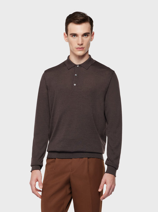 Brown long-sleeved polo shirt in wool, silk and cashmere