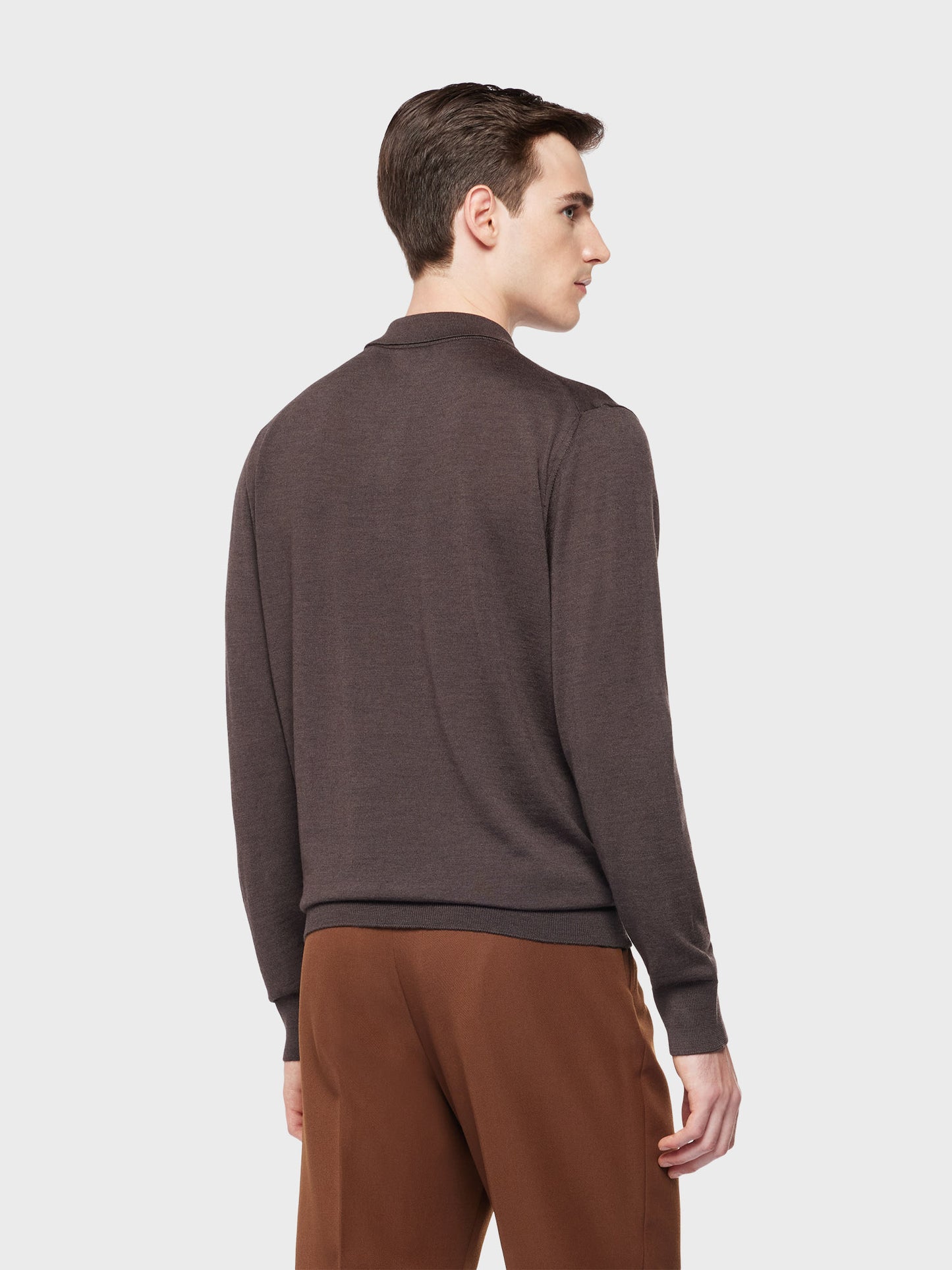 Brown long-sleeved polo shirt in wool, silk and cashmere