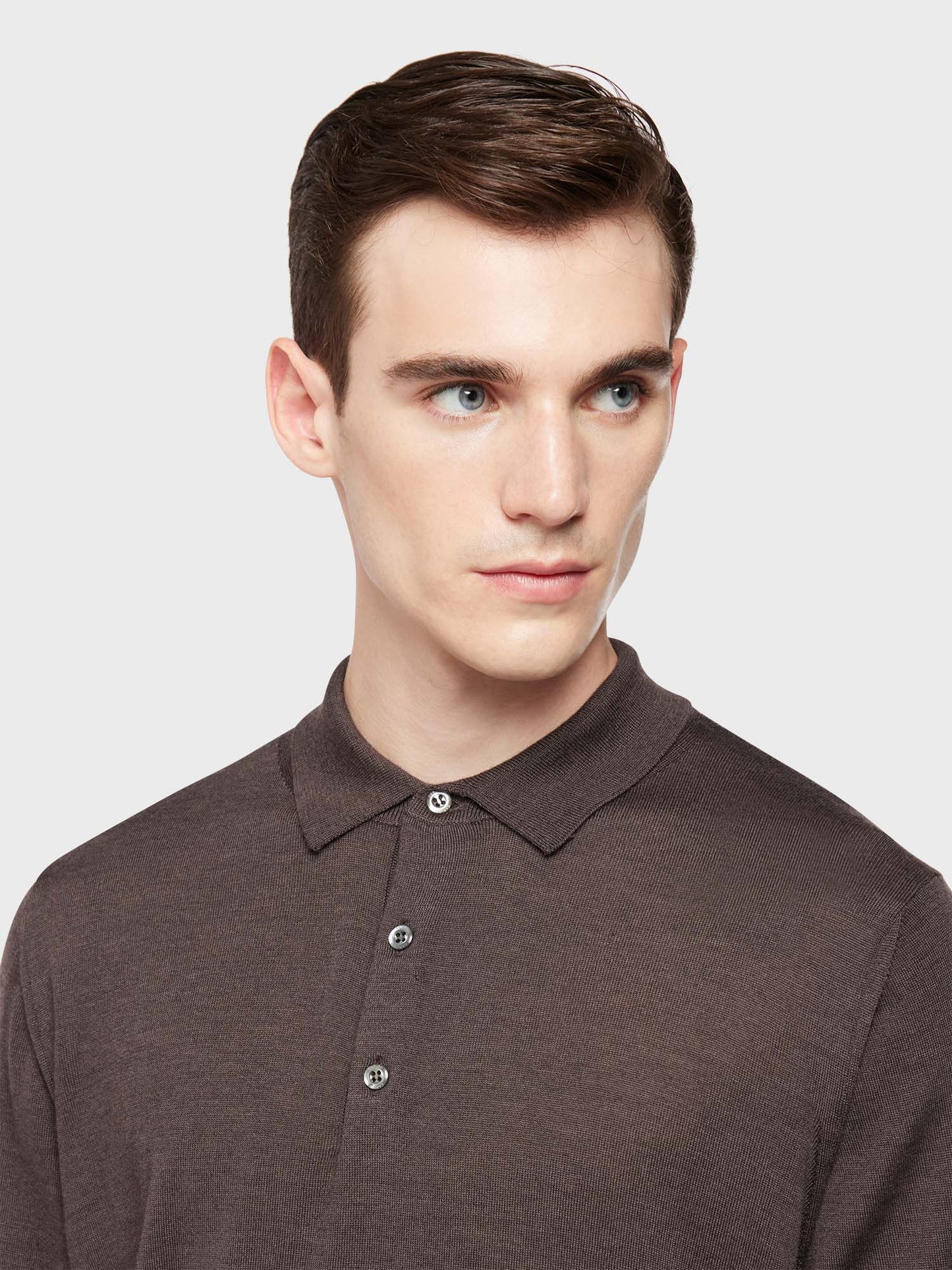 Brown long-sleeved polo shirt in wool, silk and cashmere