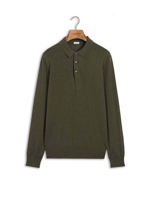 Long-sleeve polo in green wool, silk and cashmere