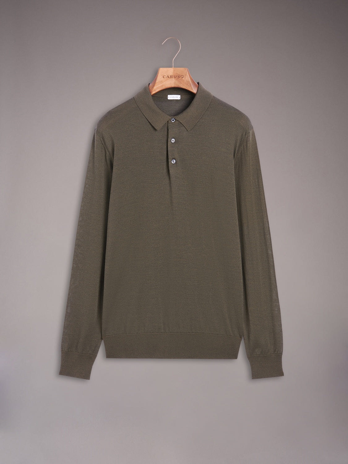 Long-sleeve polo in green wool, silk and cashmere