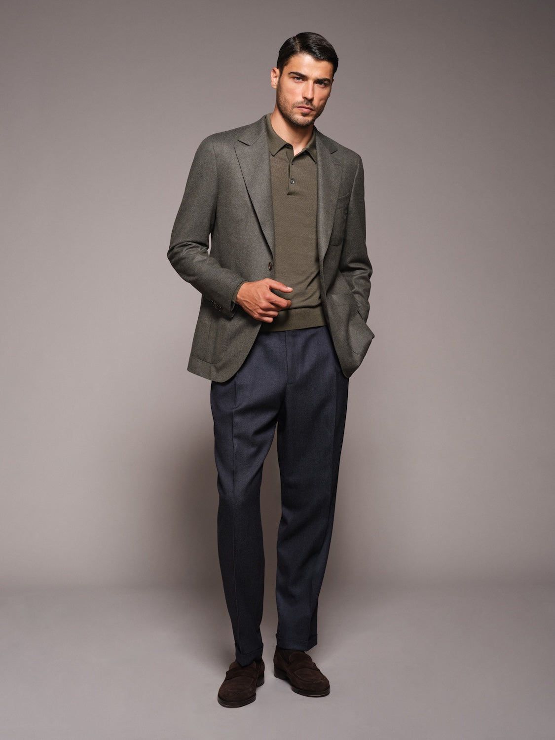 Polo a maniche lunghe in lana, seta e cashmere verde