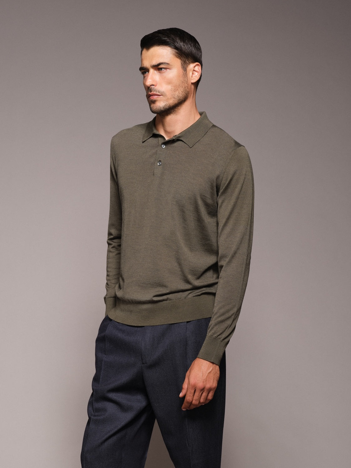 Polo a maniche lunghe in lana, seta e cashmere verde