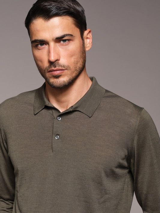 Long-sleeve polo in green wool, silk and cashmere