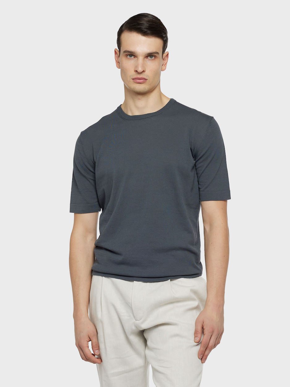 Short-Sleeve Knit Top in Cotton Anthracite Gray