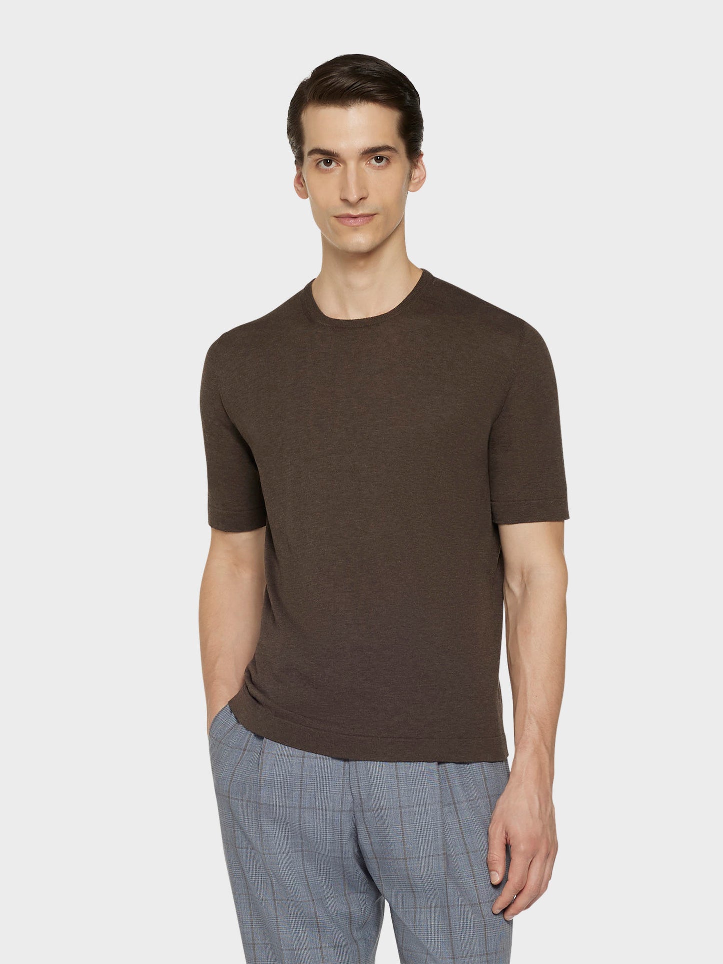 Short-sleeved sweater in brown cotton