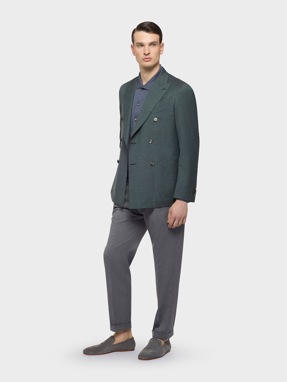 Long sleeve cardigan polo in silk and cotton blue