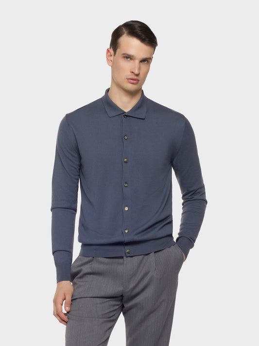 Long-Sleeve Polo in Cotton Light Blue