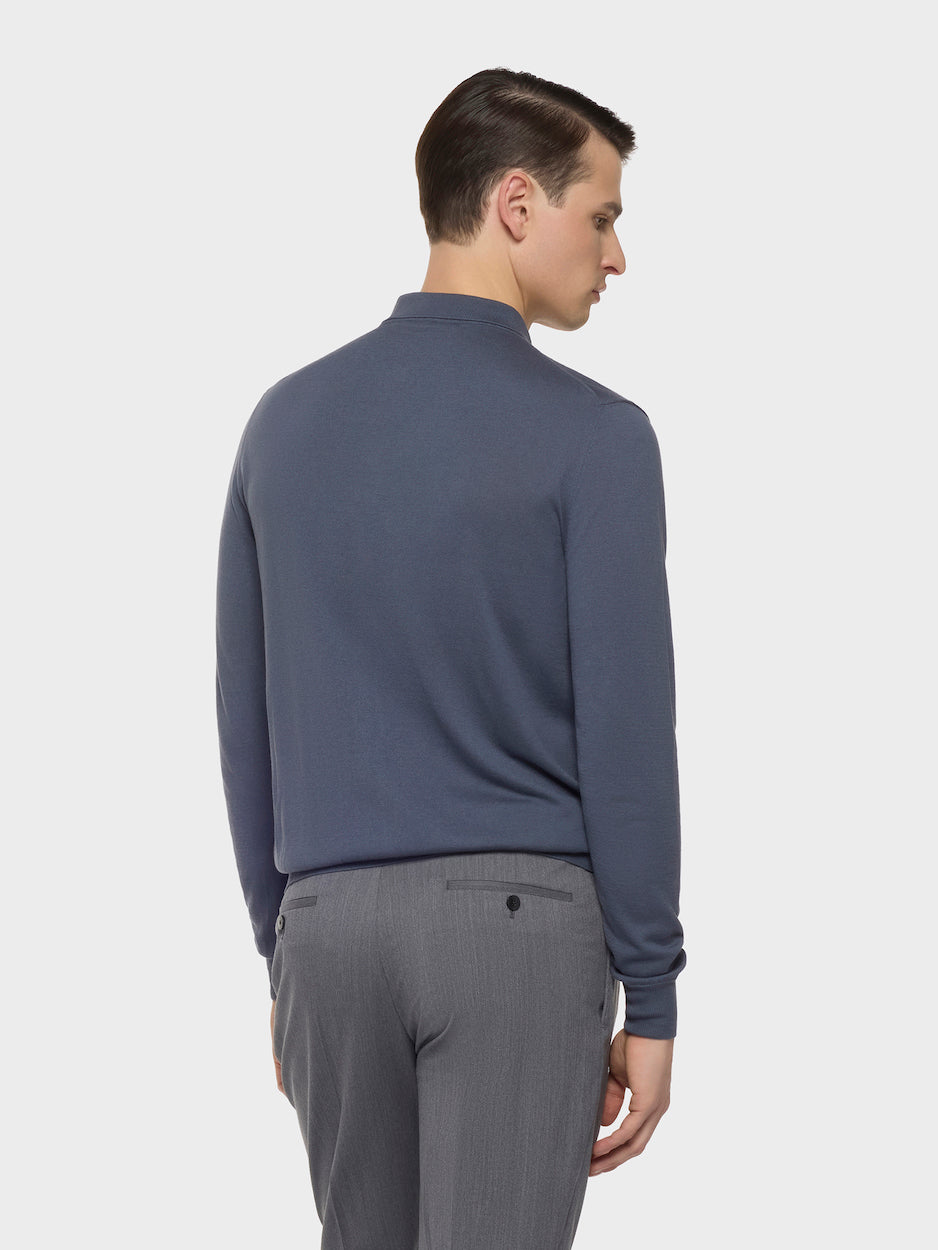 Long sleeve cardigan polo in silk and cotton blue