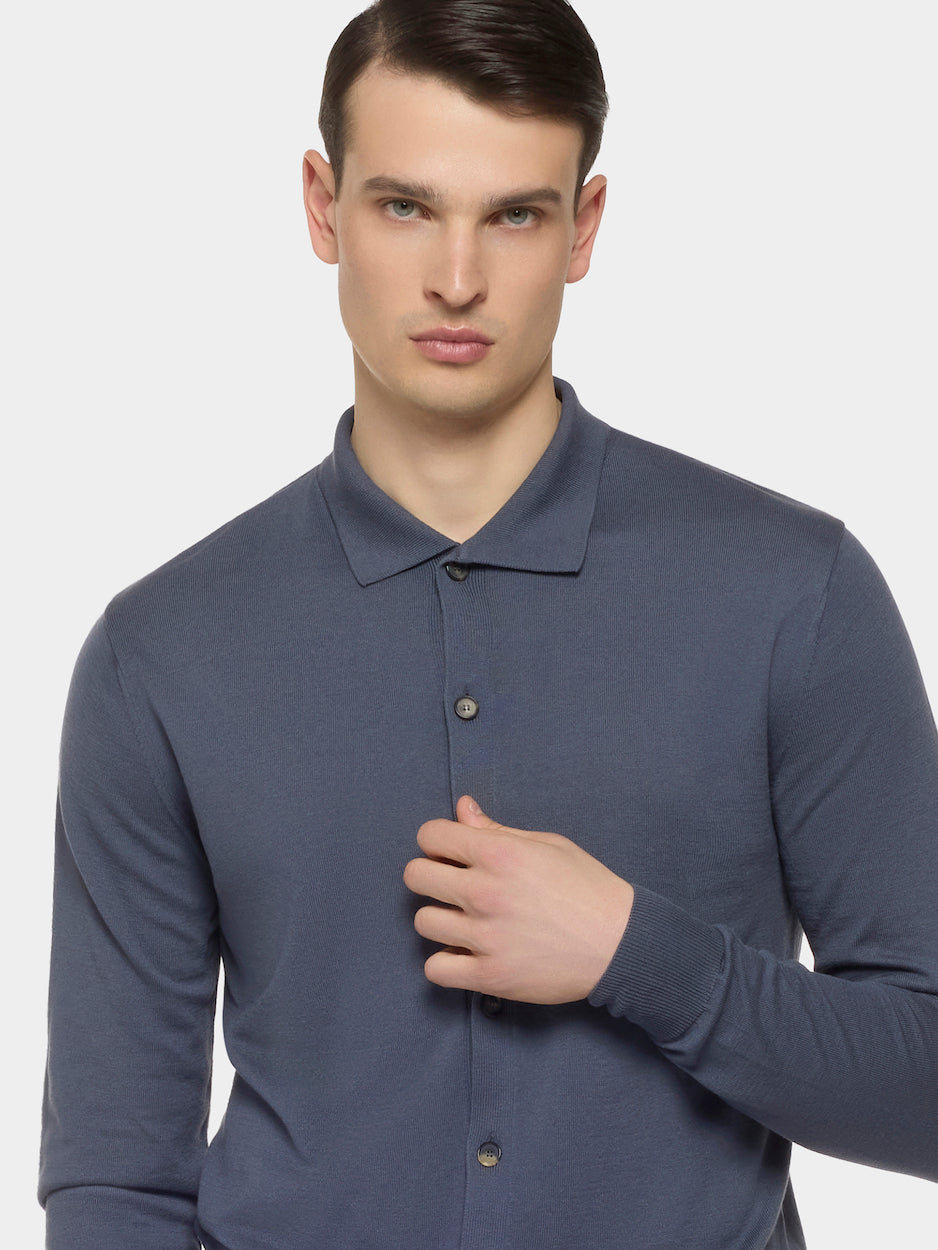 Long-Sleeve Polo in Cotton Light Blue