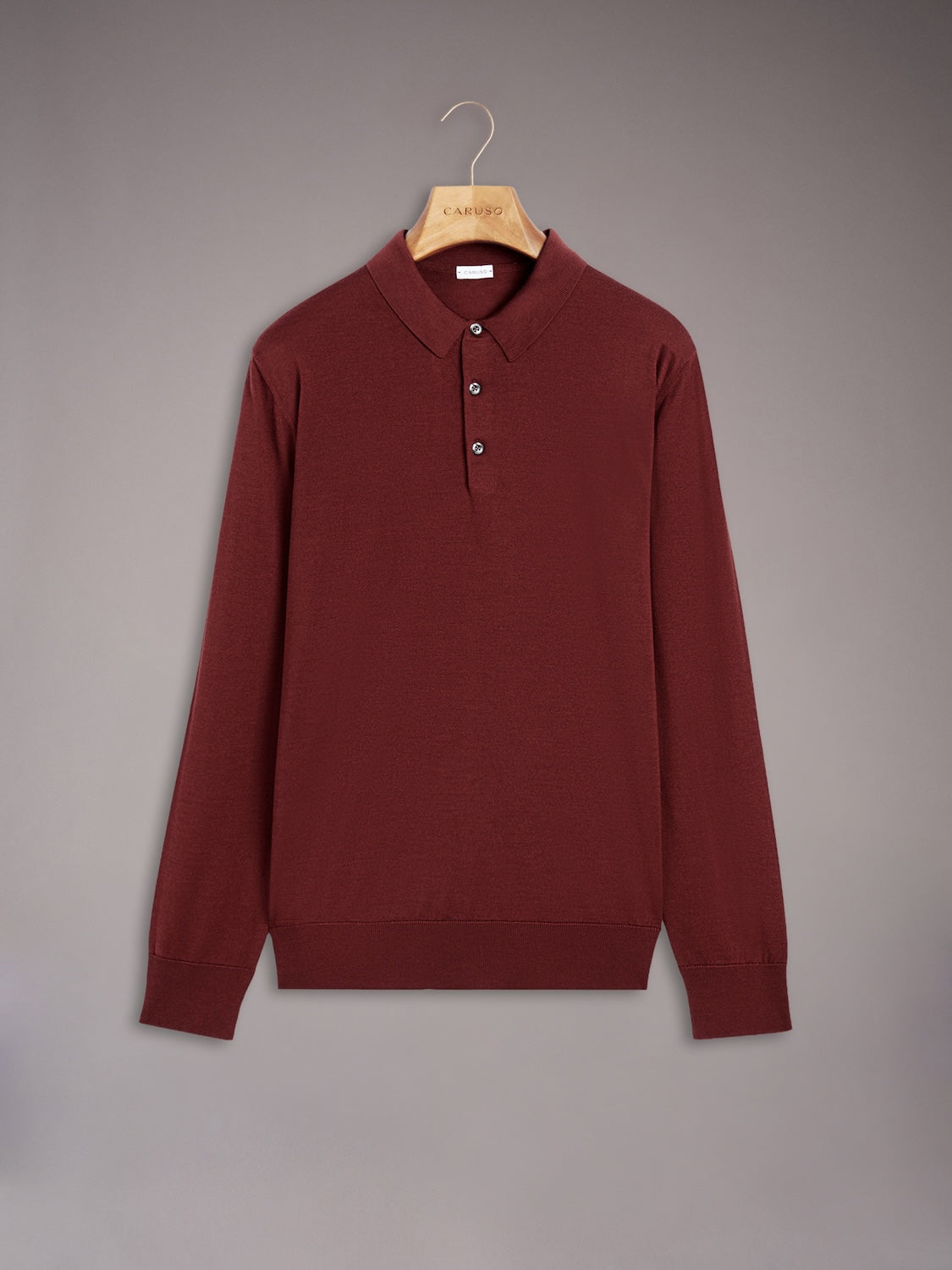 Long-sleeve polo in burgundy silk and cotton