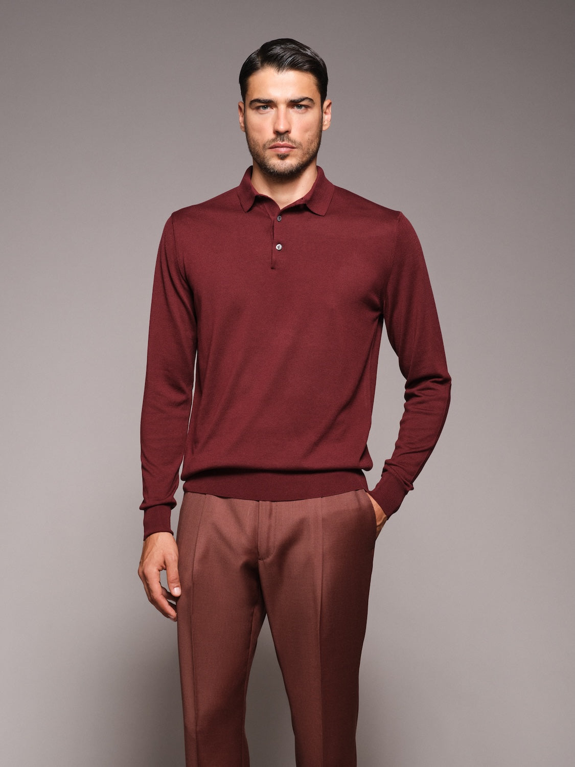 Polo a maniche lunghe in seta e cotone bordeaux