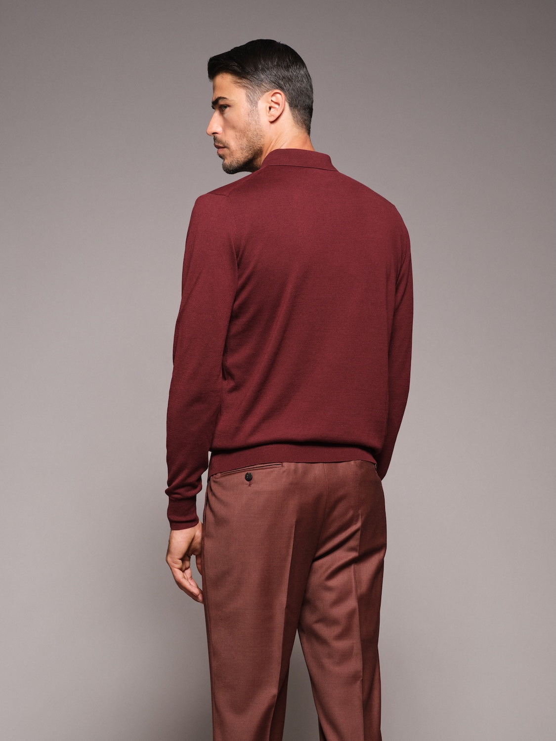 Polo a maniche lunghe in seta e cotone bordeaux