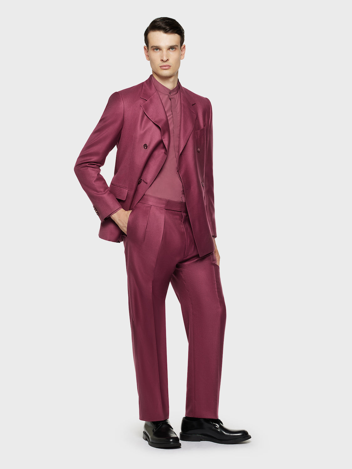 Caruso Menswear Abbigliamento Uomo Camicie Camicia coreana in cotone bordeaux look 4