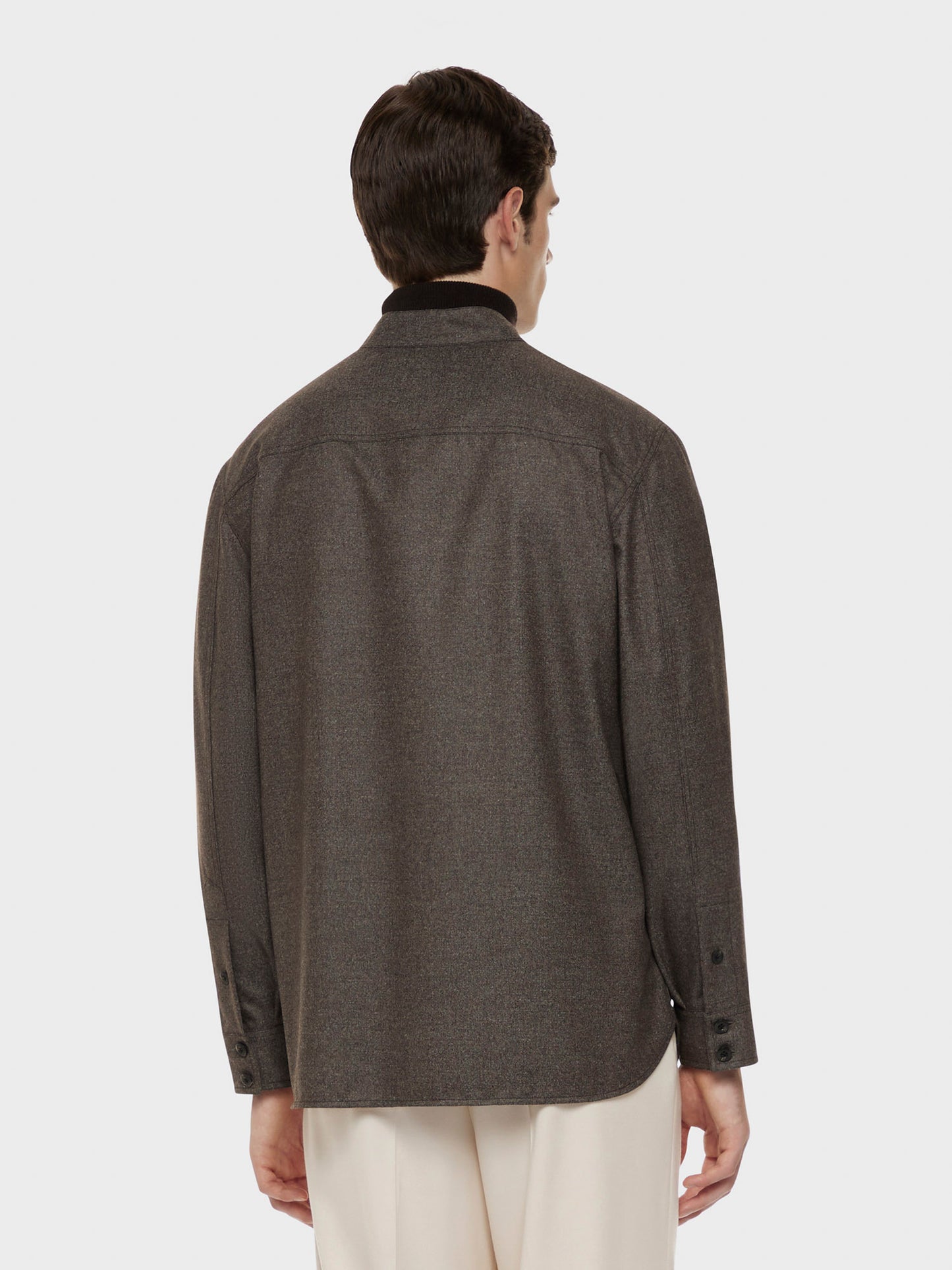 Caruso Menswear Abbigliamento Uomo Overshirt in flanella di lana marrone indossato back