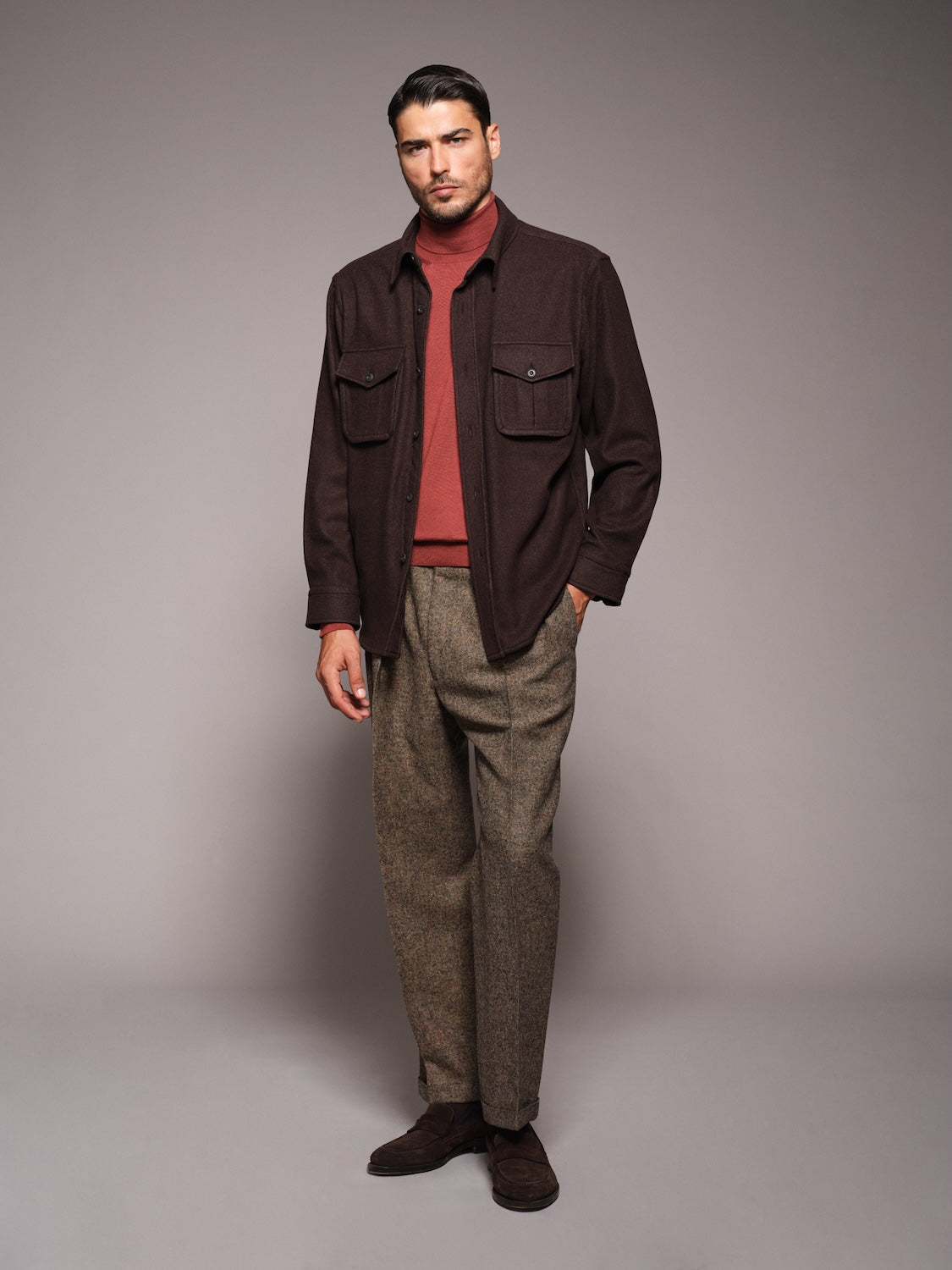 Overshirt in lana 180s' marrone scuro