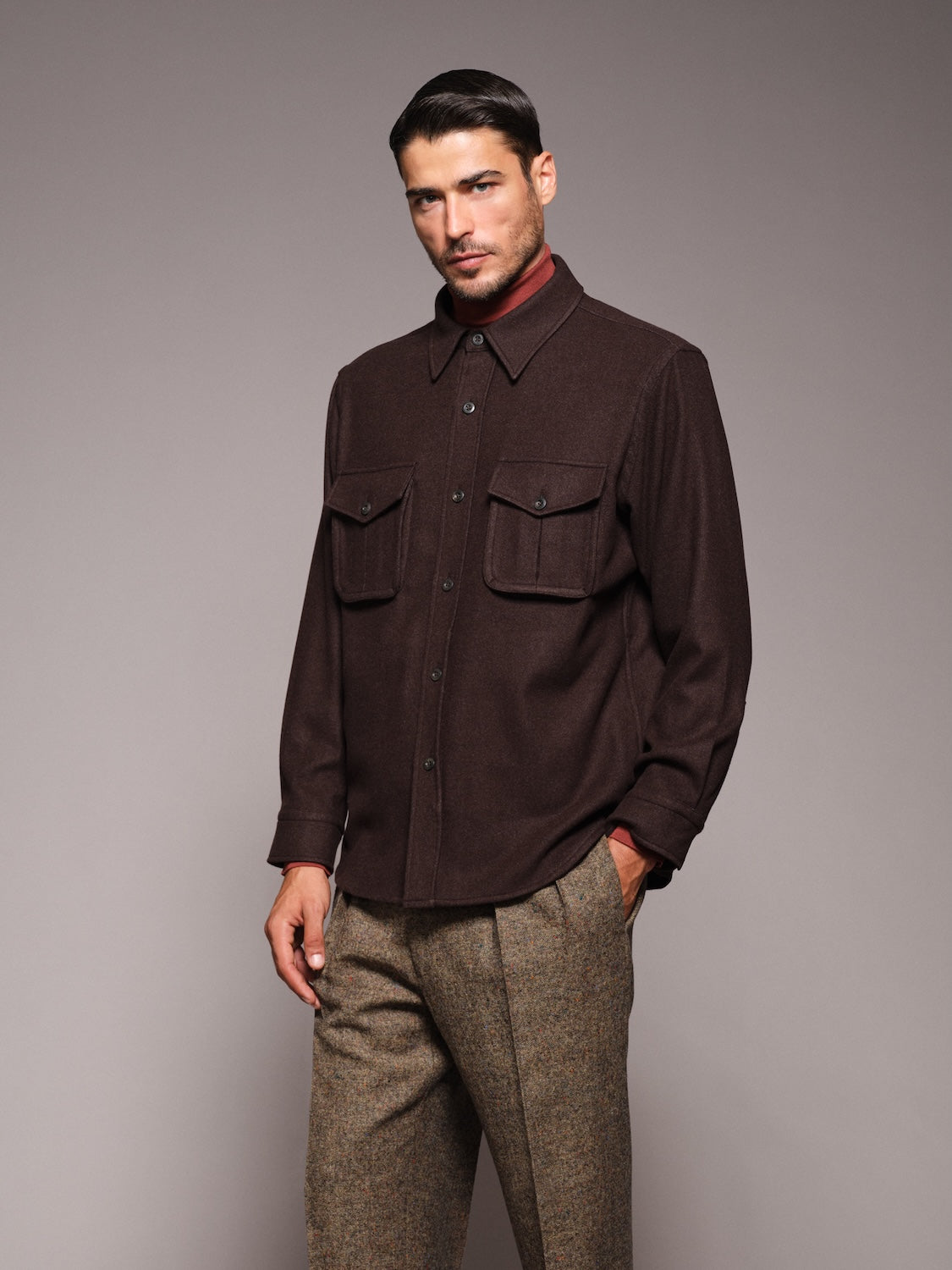 Overshirt in lana 180s' marrone scuro