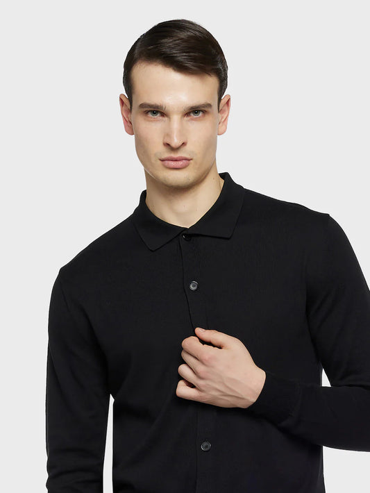 Polo cardigan a maniche lunghe in seta e cotone nera