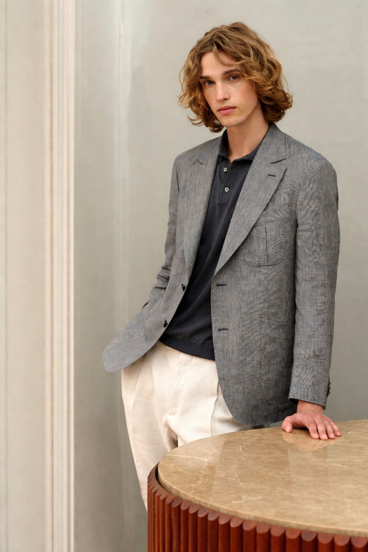 Giacca Caruso in seta e lino azzurra