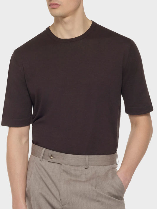 T-shirt in maglia di seta e cotone marrone