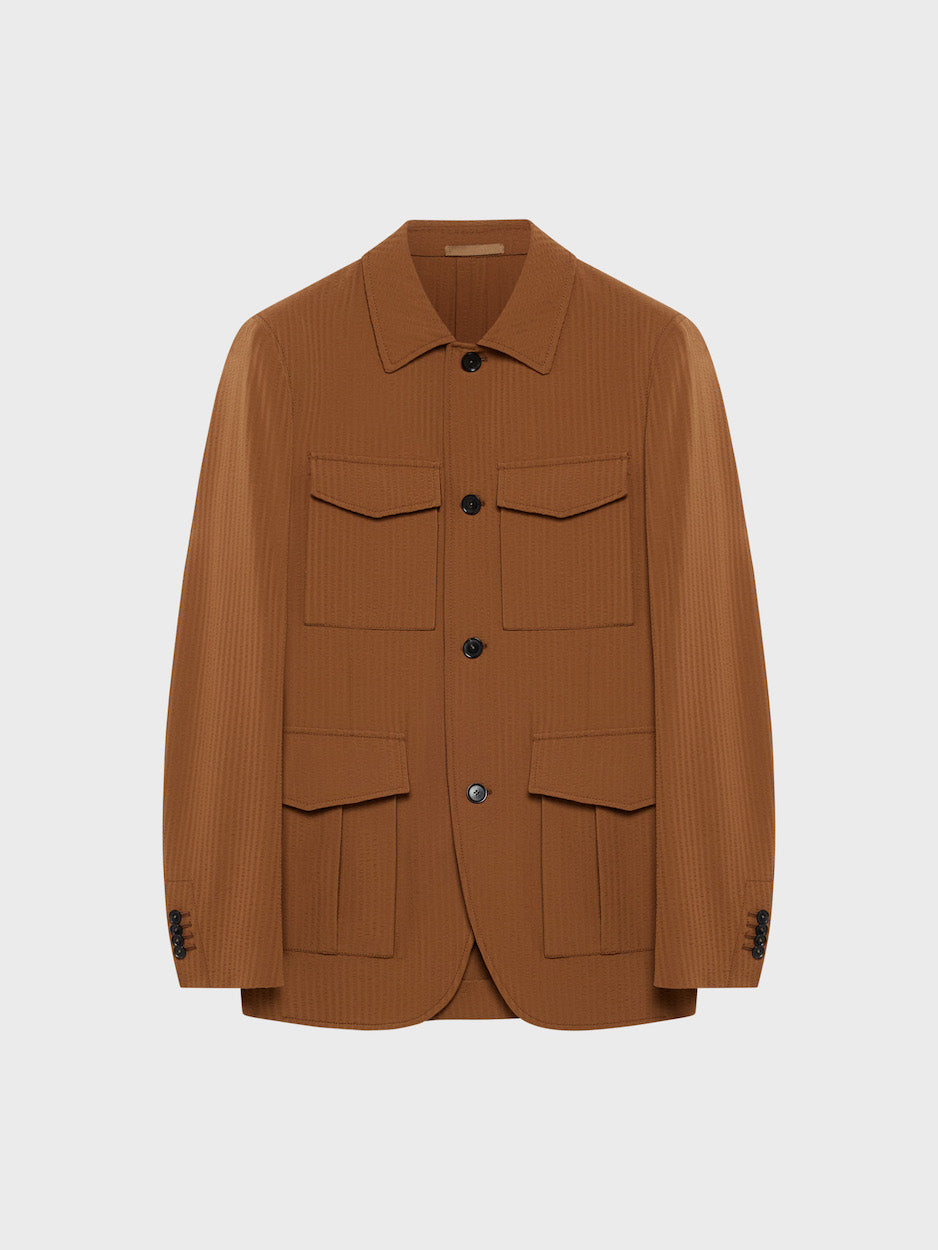 Beige Safari Jacket in Wool Seersucker