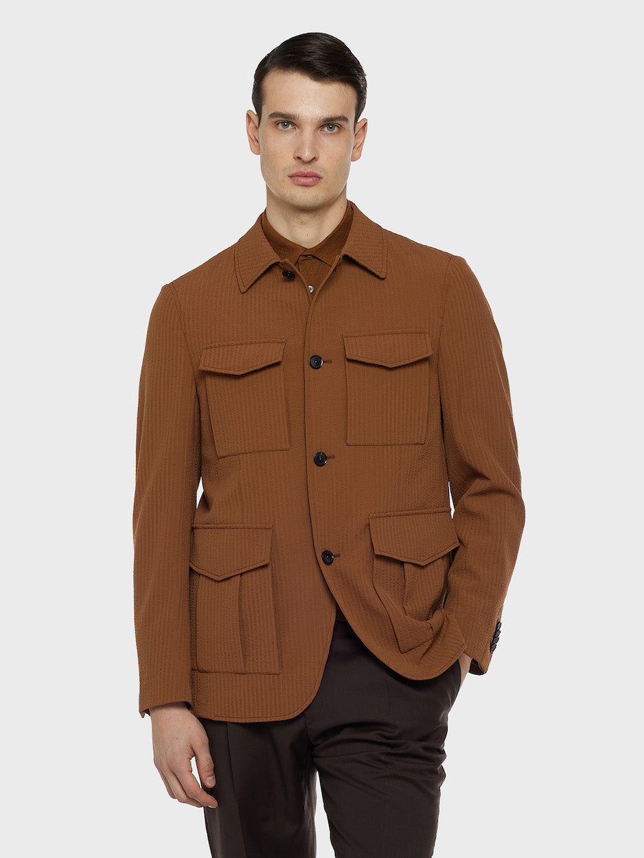 Beige Safari Jacket in Wool Seersucker