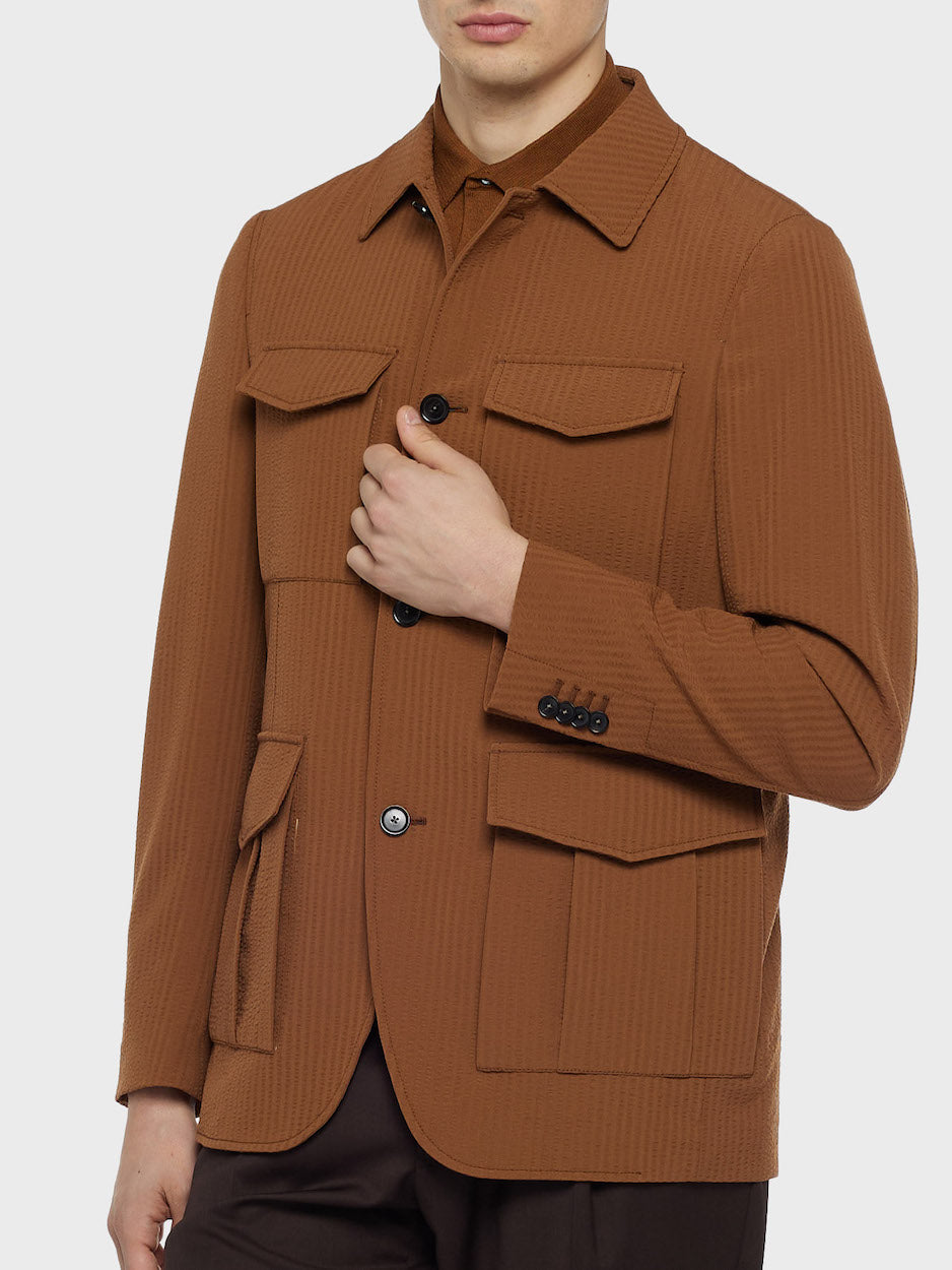 Beige Safari Jacket in Wool Seersucker