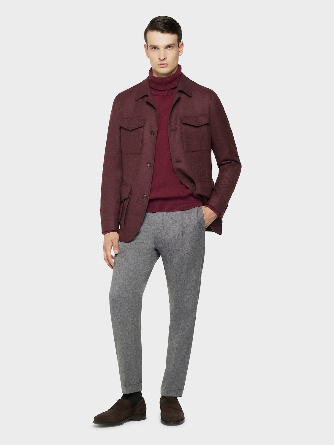 Caruso Menswear Abbigliamento Uomo Giacche Giacca sahariana in lana e cashmere bordeaux look 1