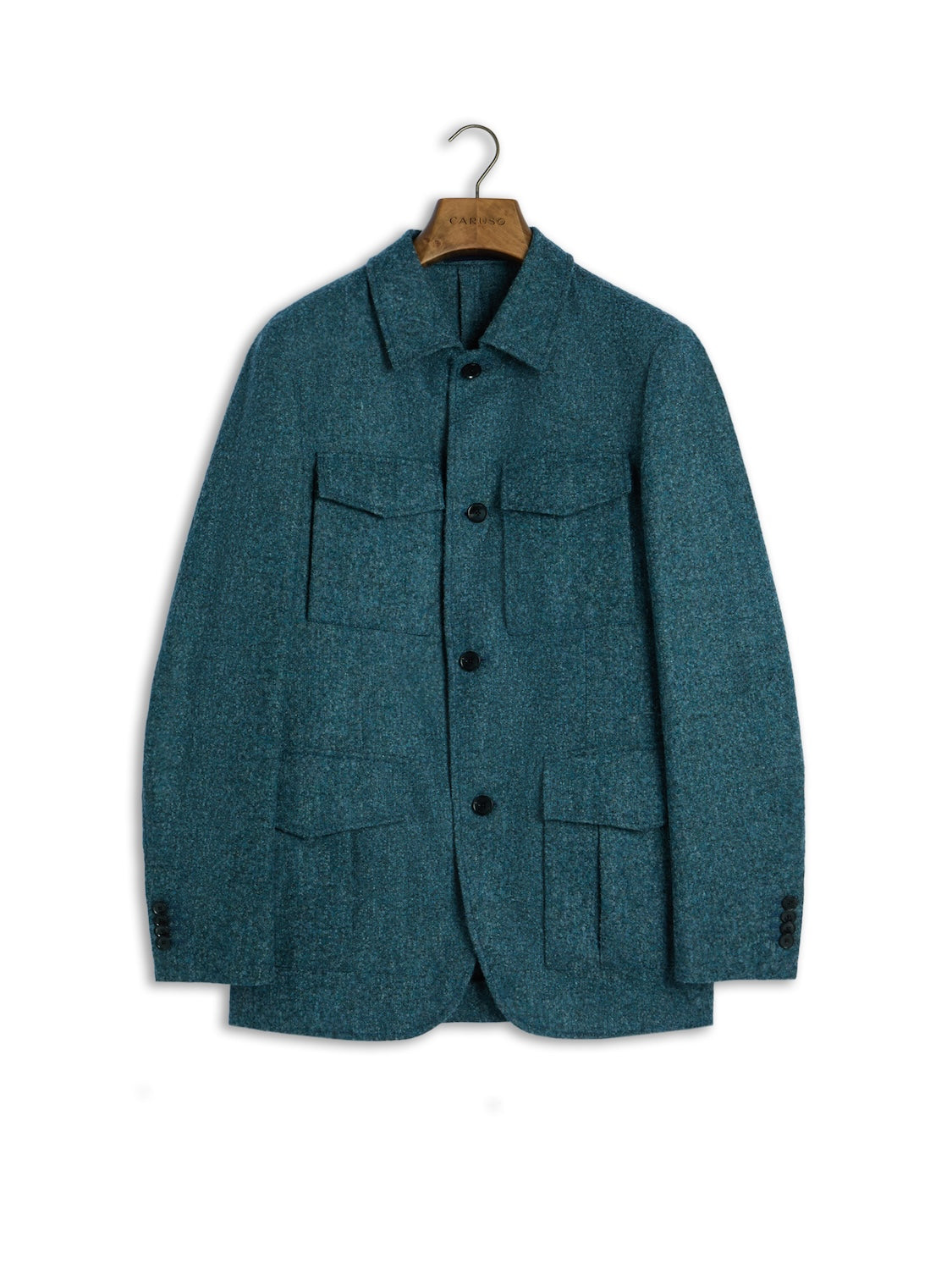 Giacca sahariana Saba in alpaca, lana e seta bouclé azzurra