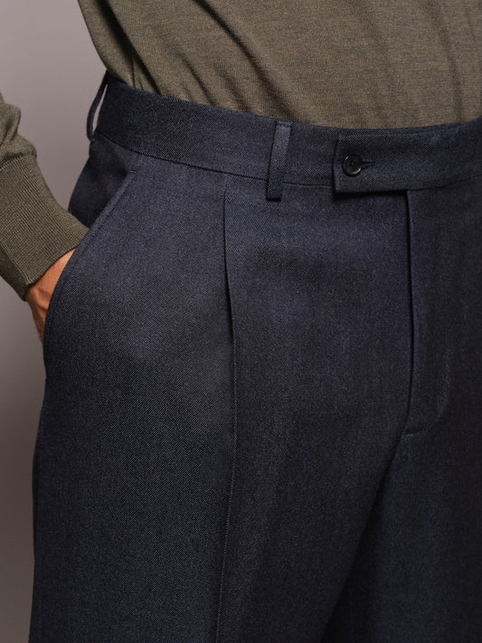Comfort-fit trousers in blue denim-effect wool