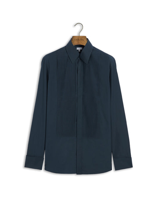 Slim evening shirt with pleated bib front in blue cotton