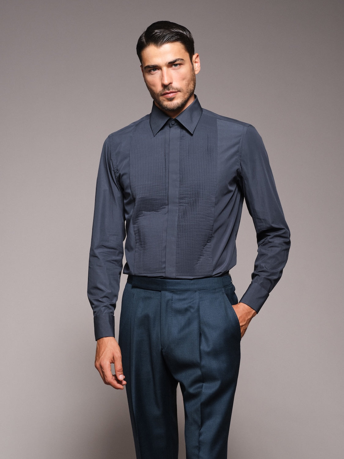 Camicia con plissé in cotone blu