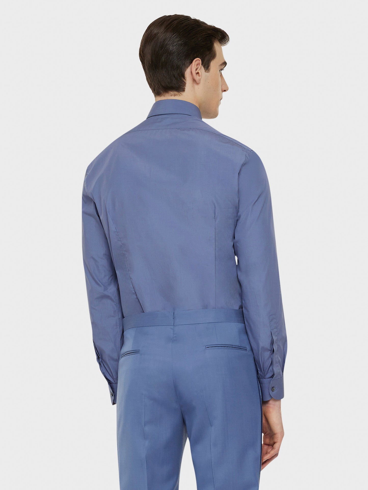 Caruso Menswear Abbigliamento Uomo Camicia slim in cotone azzurra indossato back