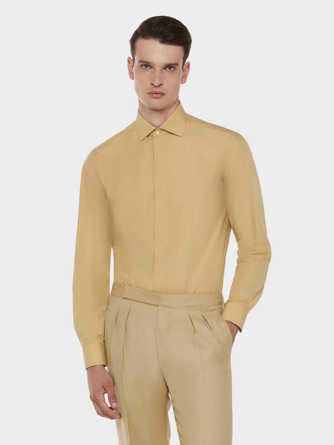 Caruso Menswear Abbigliamento Uomo Camicie Camicia slim in cotone giallo senape look 1