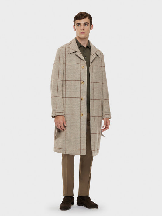 Caruso Menswear Abbigliamento Cappotto da Uomo in lana e cashmere a quadri sabbia e cammello drop regular total look