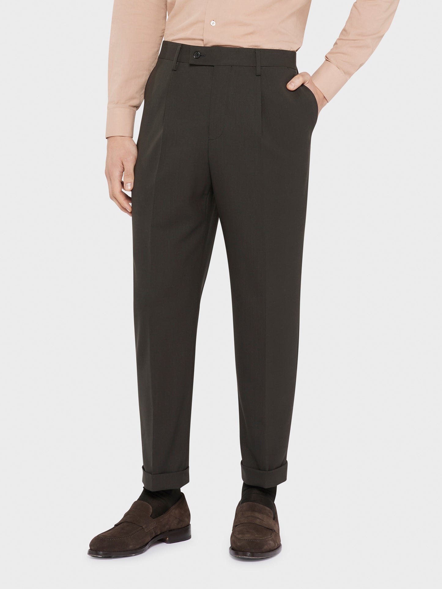 Caruso Menswear Abbigliamento Uomo Pantaloni eleganti in tropical di lana carbone Houdini indossato
