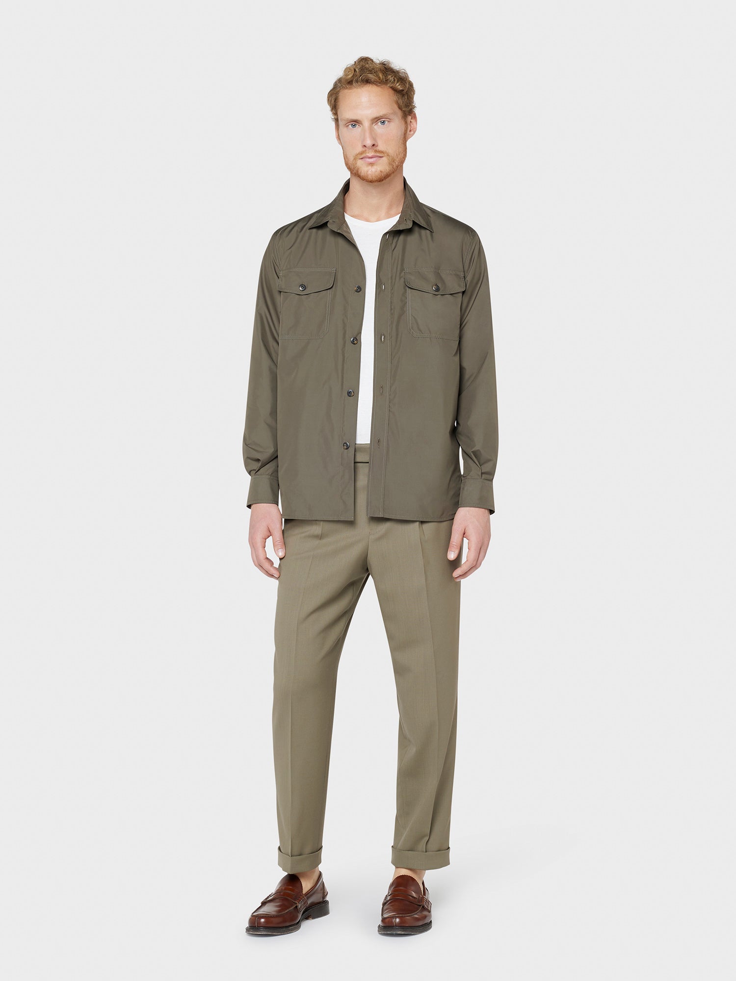 Caruso - Overshirt in nylon ultra leggero verde militare