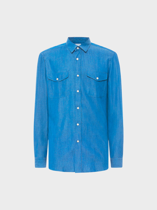 Caruso Menswear Abbigliamento Uomo Camicia in tencel colore blu jeans still