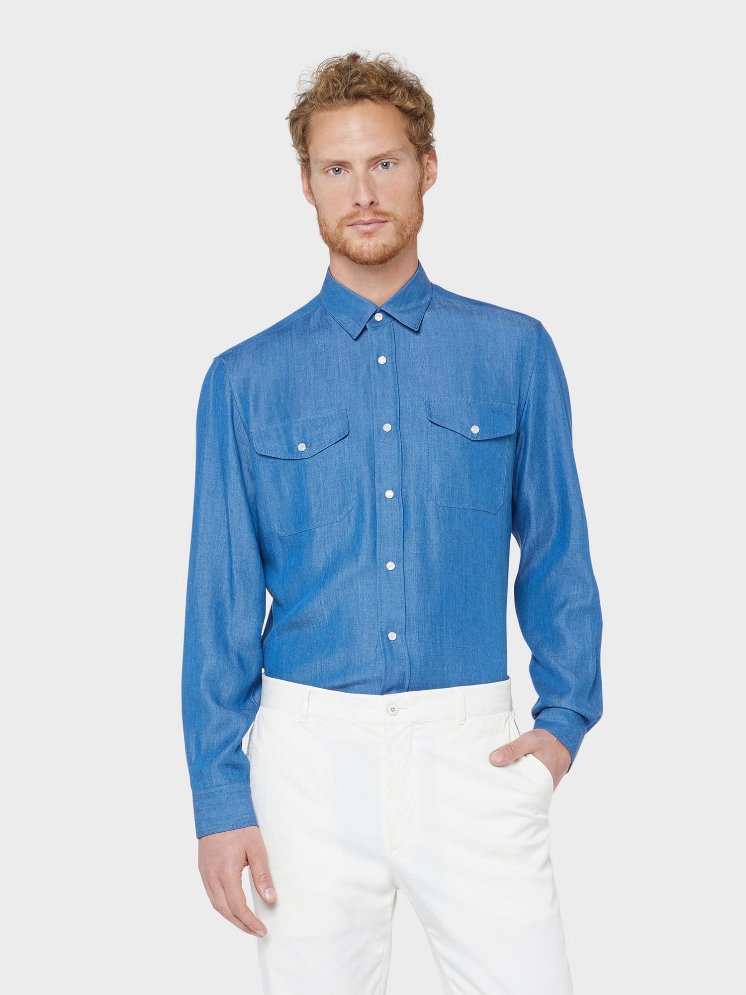 Caruso Menswear Abbigliamento Uomo Camicia in tencel colore blu jeans indossato