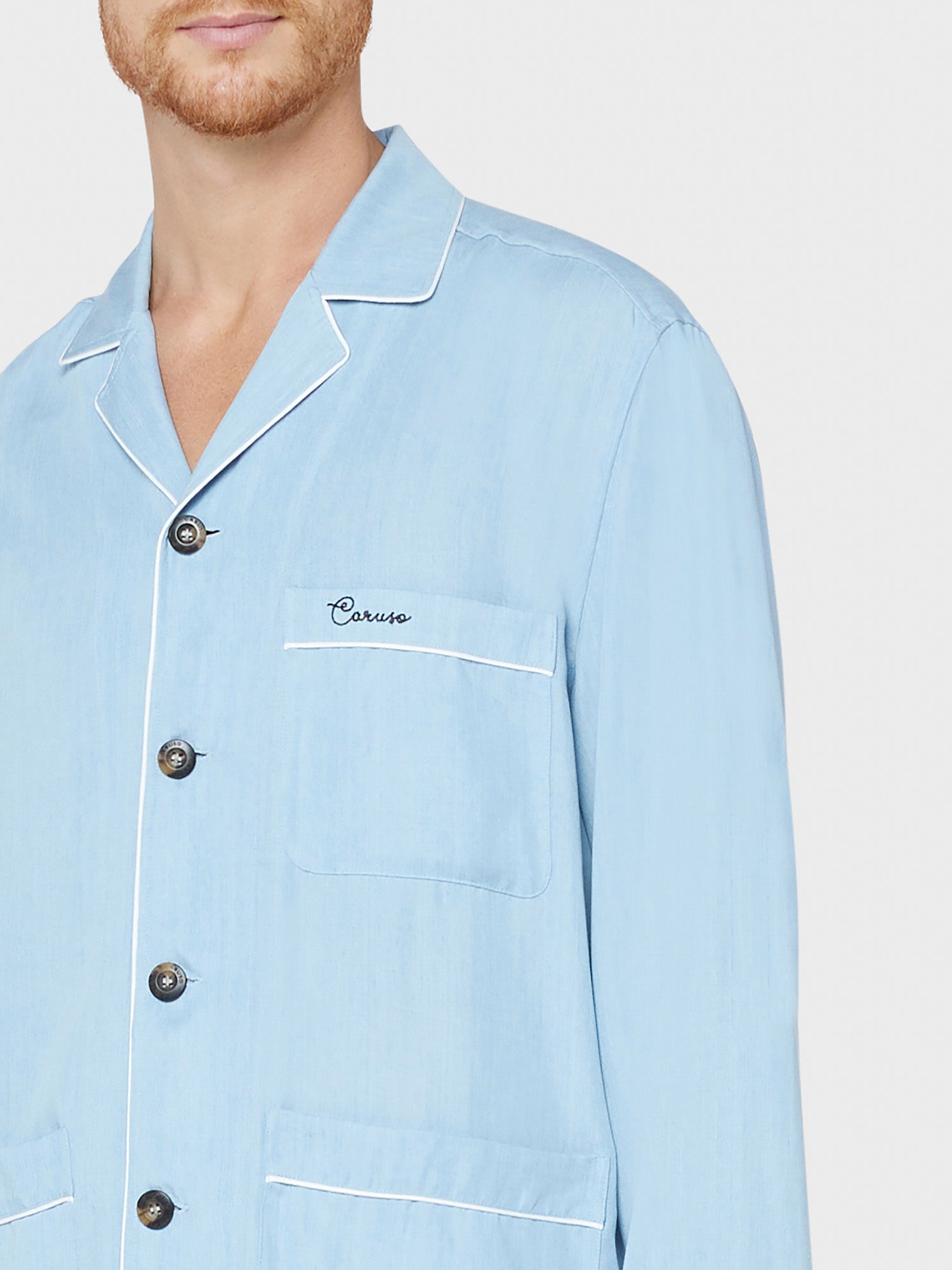 Caruso Menswear Abbigliamento Uomo Home suit sleepwear pigiama in tencel azzurro jeans dettaglio